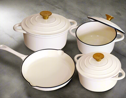 7 Piece Cast Iron Enamel Dutch Oven Cookware Set WHITE