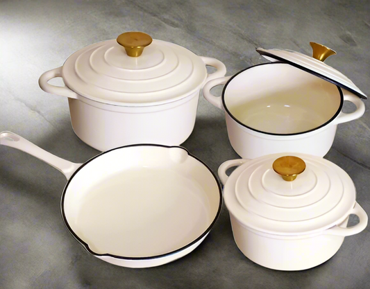 7 Piece Cast Iron Enamel Dutch Oven Cookware Set WHITE