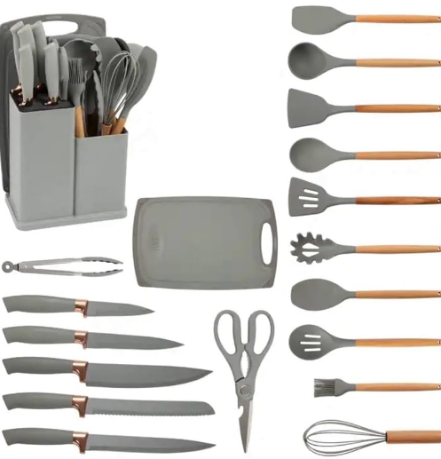 19 Piece Silicone Kitchen Set with Knives, Cutting Board and Storage Rack