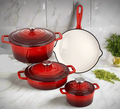 7 Piece Cast Iron Enamel Dutch Oven Cookware Set WHITE
