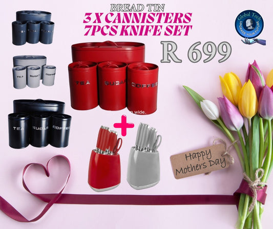 Mother Day Combo Special. Bread Tin and 3 x Cannisters plus 7pcs matching colour Knife set