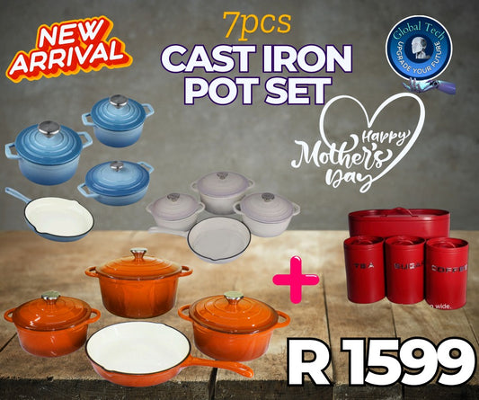 (7 - Piece) Cast Iron Pots Non-Stick Coated Cast Iron Cookware Set with Bread Tin and 3 x canisters. R1599